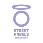 Picture showing lilac circle with lilac oval above suggesting an angel shape with the title Street Angels Birkenhead below.